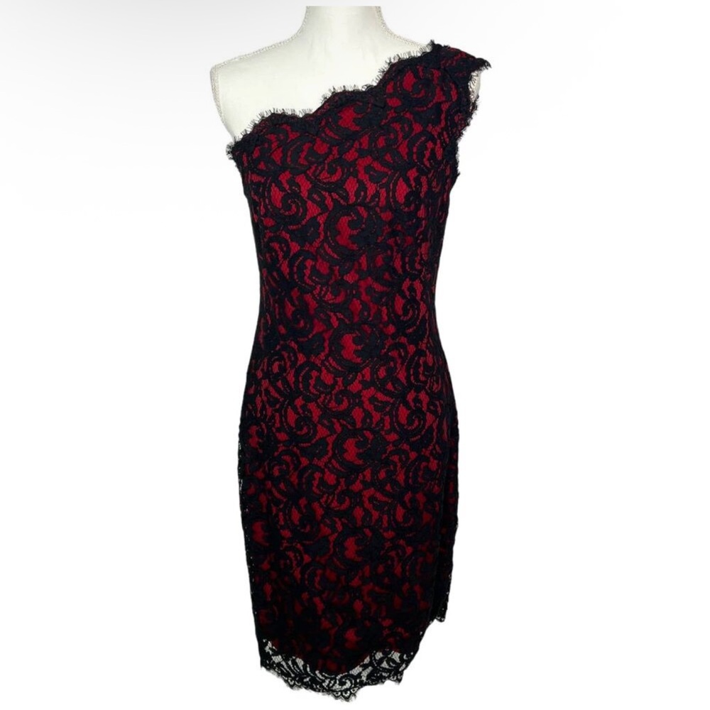 Tadashi Shoji 4 Red & Black Lace Whimsigoth Formal One Shoulder Midi Dress